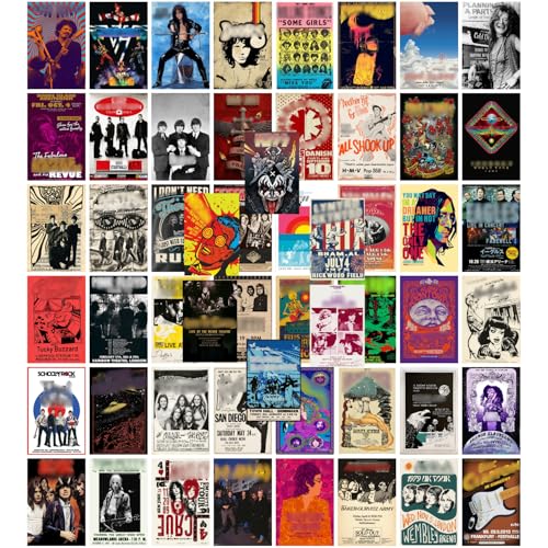54 Pcs Vintage Rock Band Posters Wall Collage Kit (4x6 Inch) - Retro Concert Poster Set with 250+ Glue Dots - 300 GSM Matte Aesthetic Room Decor for Bedroom, Dorm & Music Studio - 60s 70s 80s 90s (RB-2)