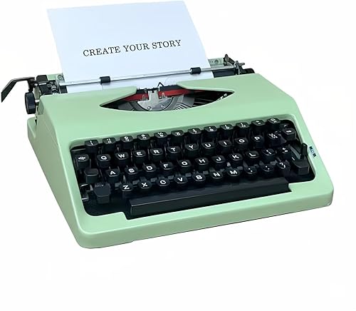 Máquina de escribir portátil color verde vintage con funda protectora de transporte negra, ideal para escritores, coleccionistas y uso en la oficina
