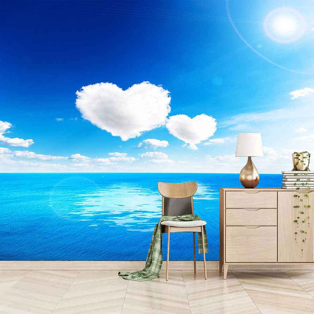 Papier peint 3D mer bleue nuages blancs poster mural personnalisé autocollant salon 150x105 cm