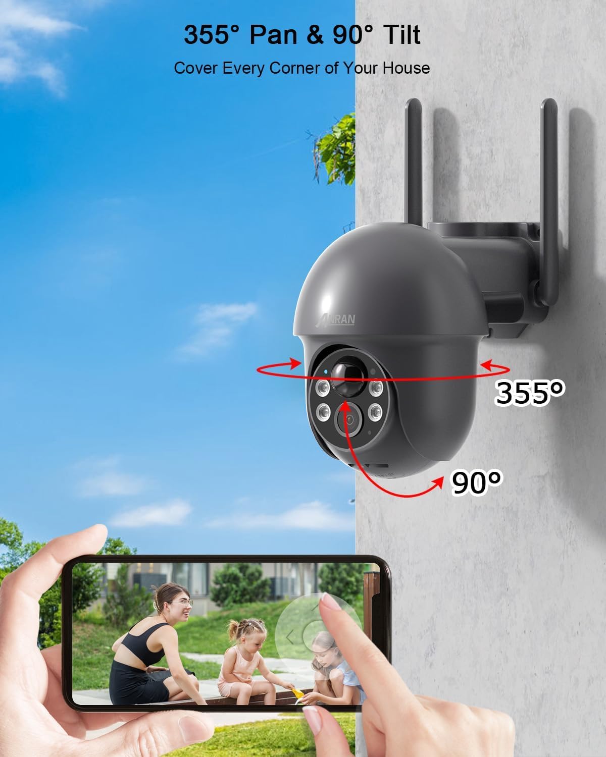 ANRAN 2K Caméra Surveillance WiFi sans Fil, Panneau Solaire+Batteries, 360° Pan/Tilt, Détection Mouvement PIR, Couleur Vision Nocturne Alarme Audio, SD/Cloud, Compatible Alexa, Gris