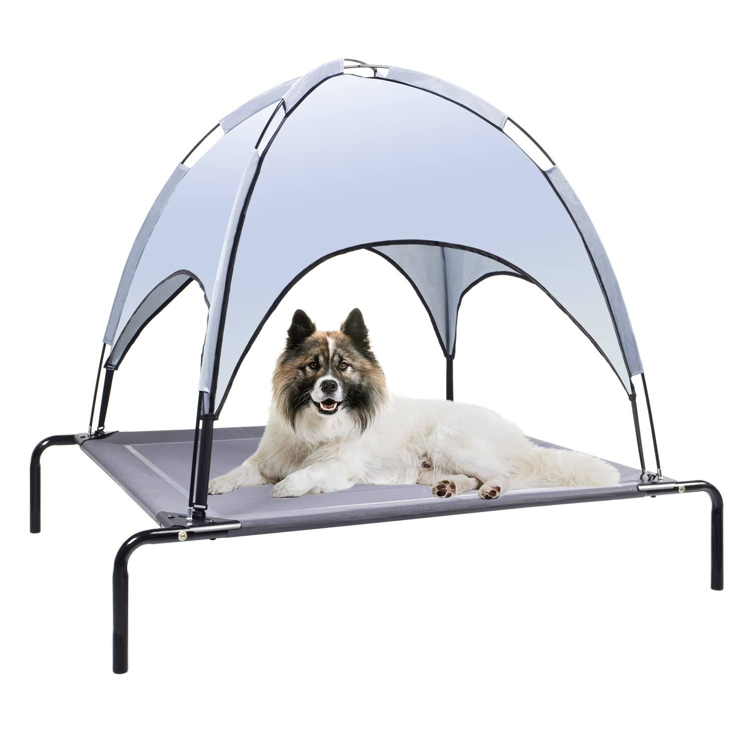 Elevated Dog Bed for Medium Large Dogs, Cooling Raised Outdoor Pet Bed with Sun Shade Canopy, Washable Dog Cot Beds, Waterproof Tent Cot, Heavy Duty Steel-Framed with Breathable Square Mesh, Grey