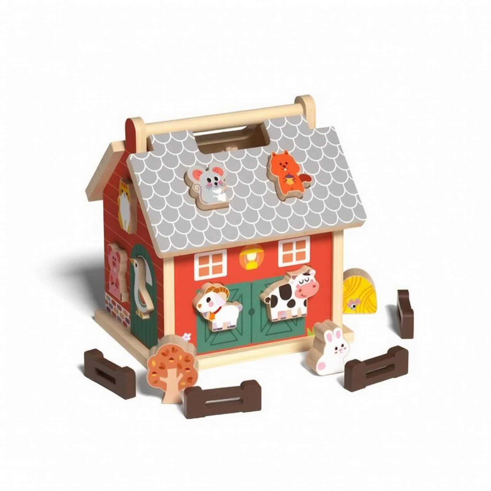 Set Gioco Fattoria in Legno con Casa Puzzle E Pezzi Incastro per Costruire Scena Agricola Mini con Illustrazioni Animali E Veicoli Adatto per Attività Educative E Ricreative Infanzia