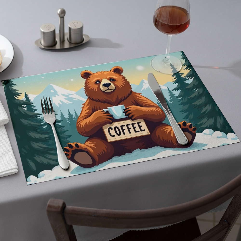 Set de table rose ours au café en forêt lot de 6 pièces lavables pour décoration de table de fête