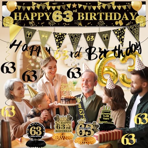 Image of 63rd Birthday Decorations for Men, Black Gold 63rd Party Decoration Kits | 27pcs Happy 63rd Birthday Set, Banner, Honeycomb, Balloons, Gold Number, Candle, Hanging Swirls, Cake Topper, Party Supplies