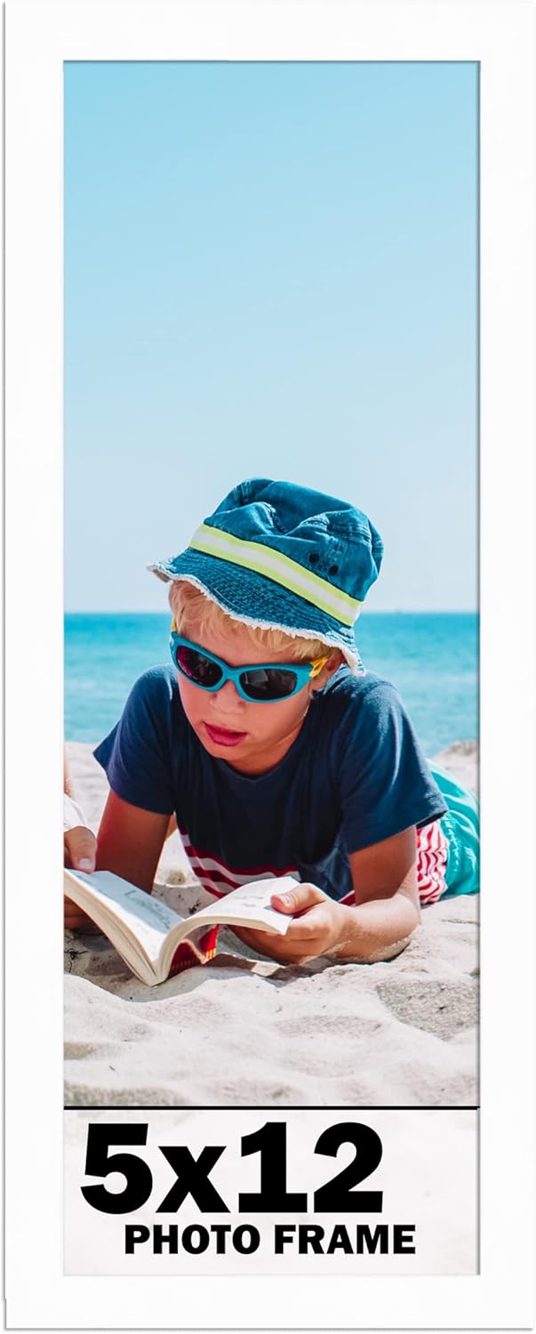 5x12 Frame White Solid Wood Picture Frame Includes UV Acrylic Shatter Guard Front, Acid Free Foam Backing Board, Hanging Hardware Wood Square Frame Wall Frames for Family Photos - no Mat