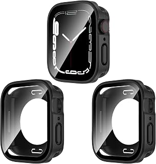 Kawoco 2 fundas impermeables para Apple Watch Serie 9/8/7 de 41 mm con protector de pantalla de vidrio templado, 360° para PC 2 en 1, carcasa delantera y trasera para iWatch de 41 mm, color negro y