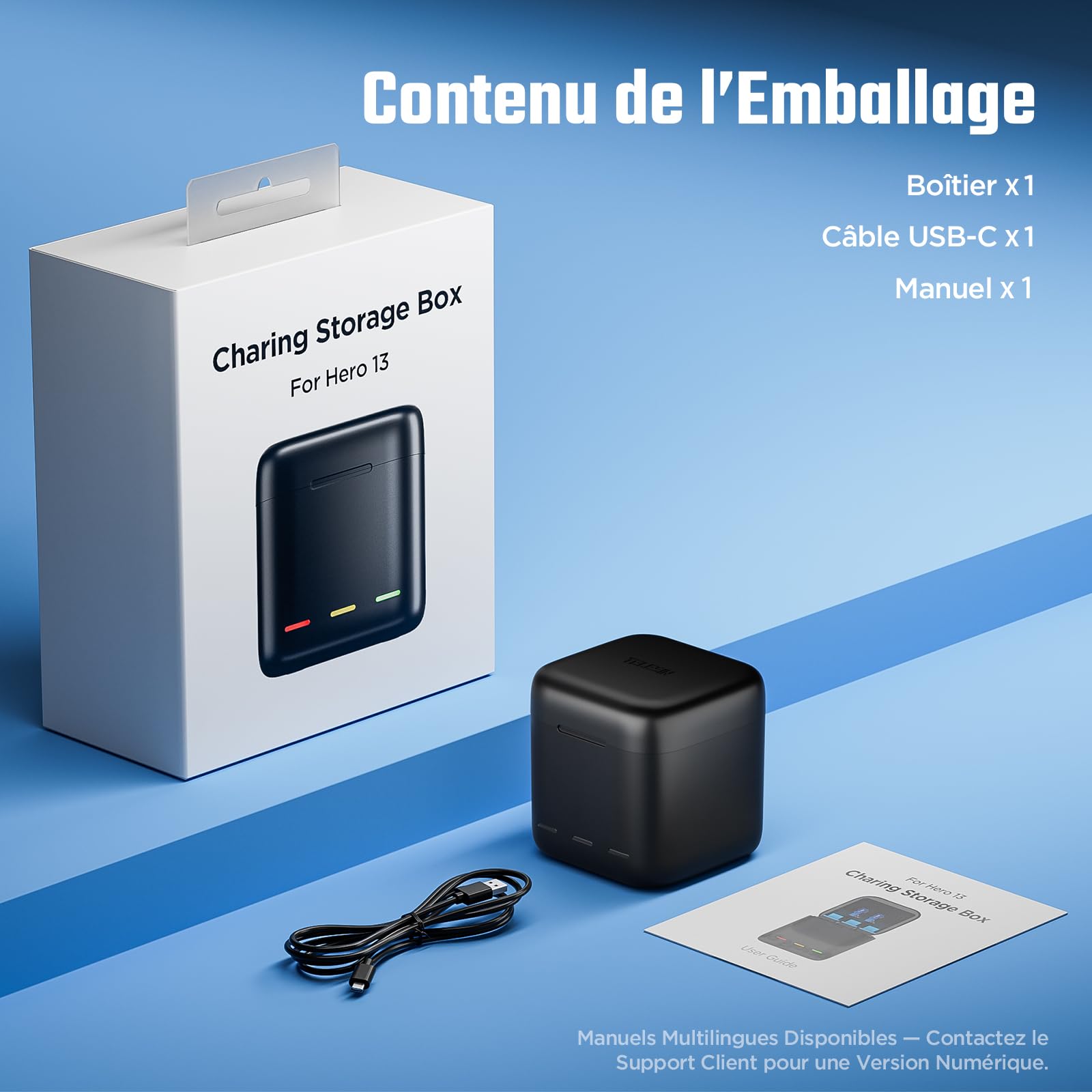Jeebel Chargeur de batterie pour GoPro Hero 13 Black - Chargeur 3 canaux rapide 2,4 A USB-C - Compatible GoPro Hero 13 Black