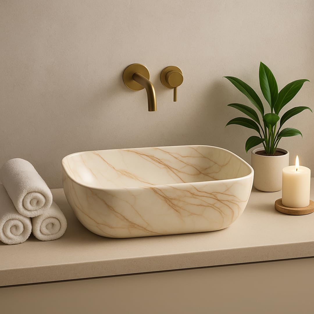 HISRE Table Top Wash Basin For Bathroom | Over Counter Top Wash Basin For Living Room | Washbasin Countertop | Tabletop Ceramic Bathroom Kitchen Sink (45 x 33 x 13 CM) (White - SKTP401)-image-25