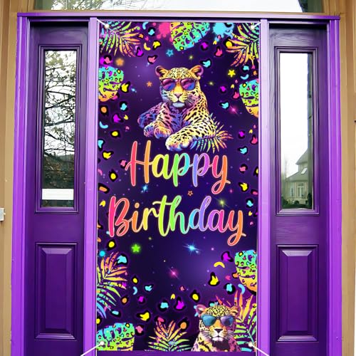 Neon Leopard Happy Birthday Door Banner Cheetah Print Birthday Party Decorations Iridescent Neon Leopard Print Birthdays Porch Sign for Boys Girls