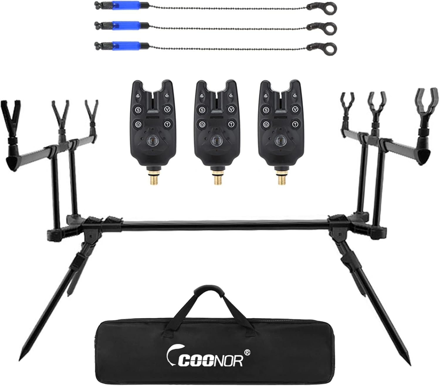 Adjustable Retractable Carp Fishing Rod Stand Holder,Fishing Pole Pod Stand with 3PCS Fishing Bite Alarms 3PCS Fishing Bait Swinger Fishing Tackle Set Fishing Accessories, Black