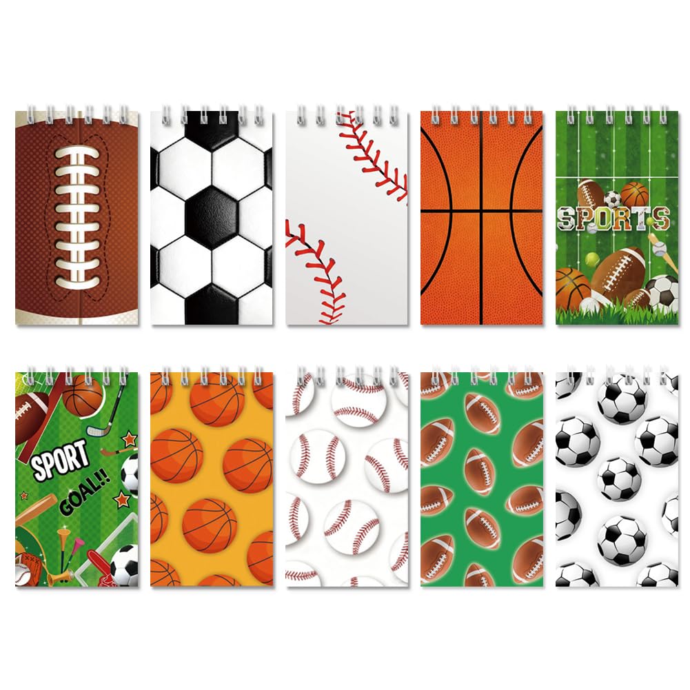 Boerni 10 Pcs Sports Theme Small Pocket Notebook Party Favors Mini Spiral Notepads with Basketball Baseball Soccer Assorted Design Memo Pad for Home, Office, School Supplies Sport Lover Gifts