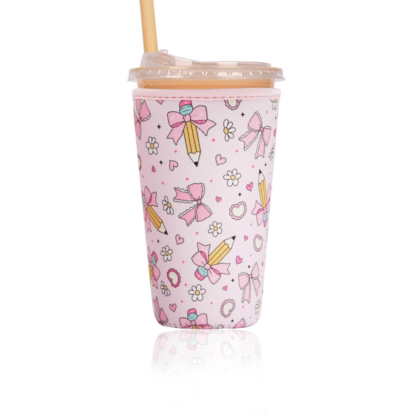 Reusable Insulated Sleeve for Iced Coffee Cup, Coffee Neoprene Sleeve for Cold &amp; Hot Drinks, Beverage Holder for Iced Coffee (Pencil Bows, Large: 32oz)