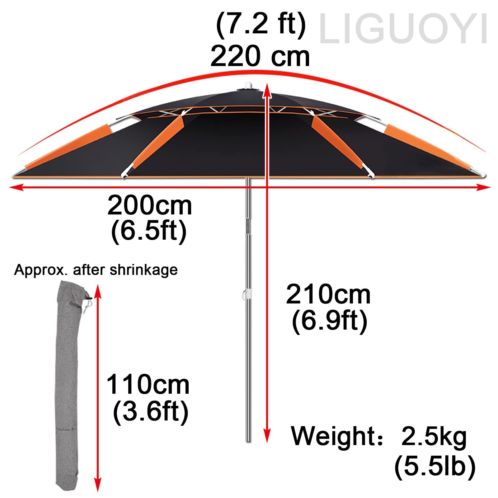 LIGUOYI Parasol plażowy, parasol przeciwsłoneczny, 6,5' 7,8' 8,5' parasol wędkarski UPF50+, do użytku na zewnątrz, odchylany parasol przeciwsłoneczny, regulowana wysokość, słup ze stali nierdzewnej z 16 żebrami, przenośny parasol, 7.2Ft(220cm)
