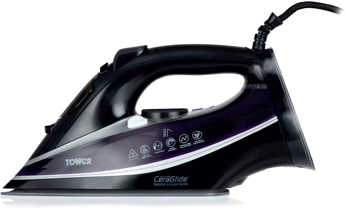 Tower Ceraglide Ultra Speed Iron with Ceramic Soleplate, 3100W, 360ml Water Tank, 40g Continuous Steam, 180g Steam Boost, Anti-Drip & Self-cleaning Function, Purple, T22013PR