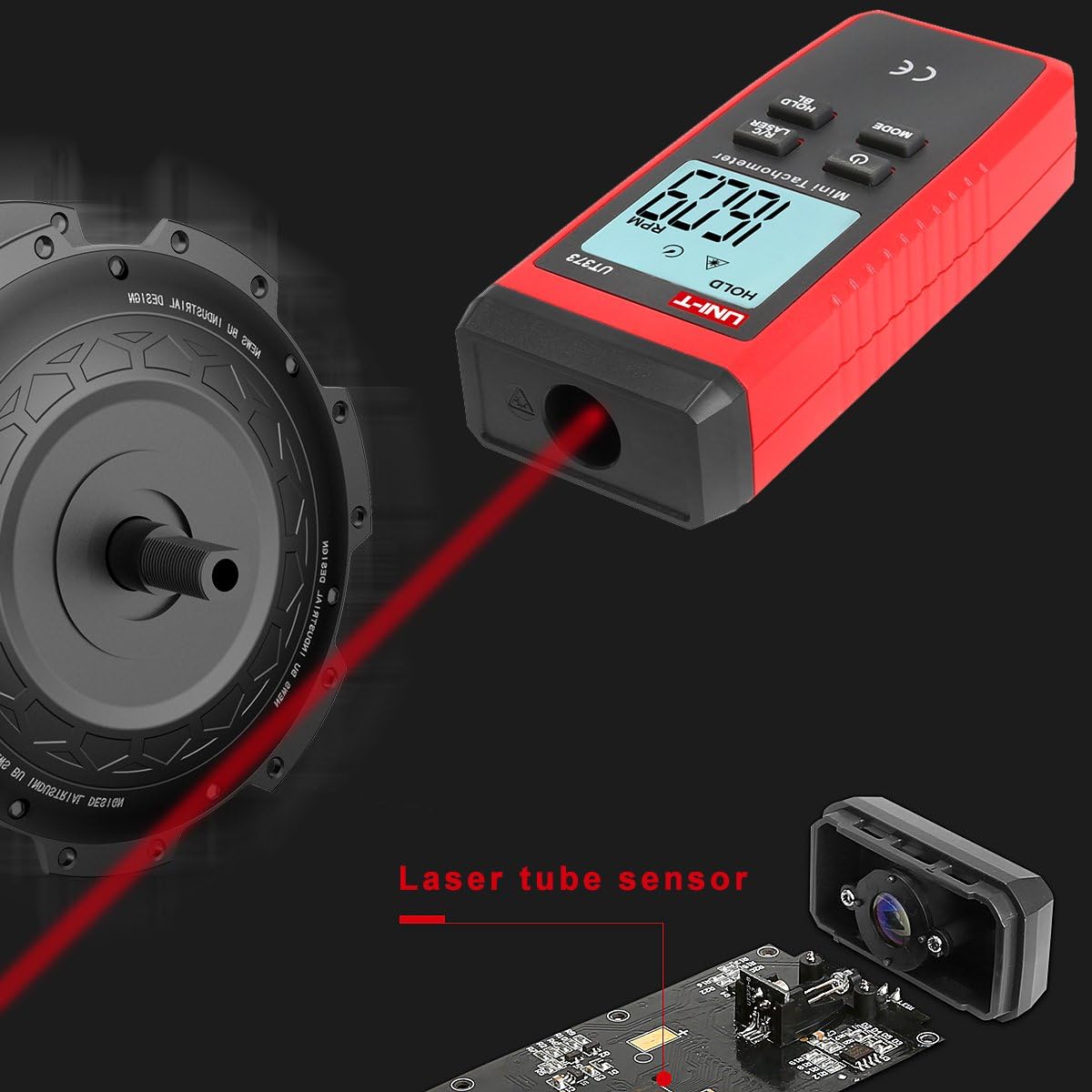 Tacómetro sin Contacto, UT373 Tacómetro Láser Digital LCD, Velocímetro RPM con Retroiluminación