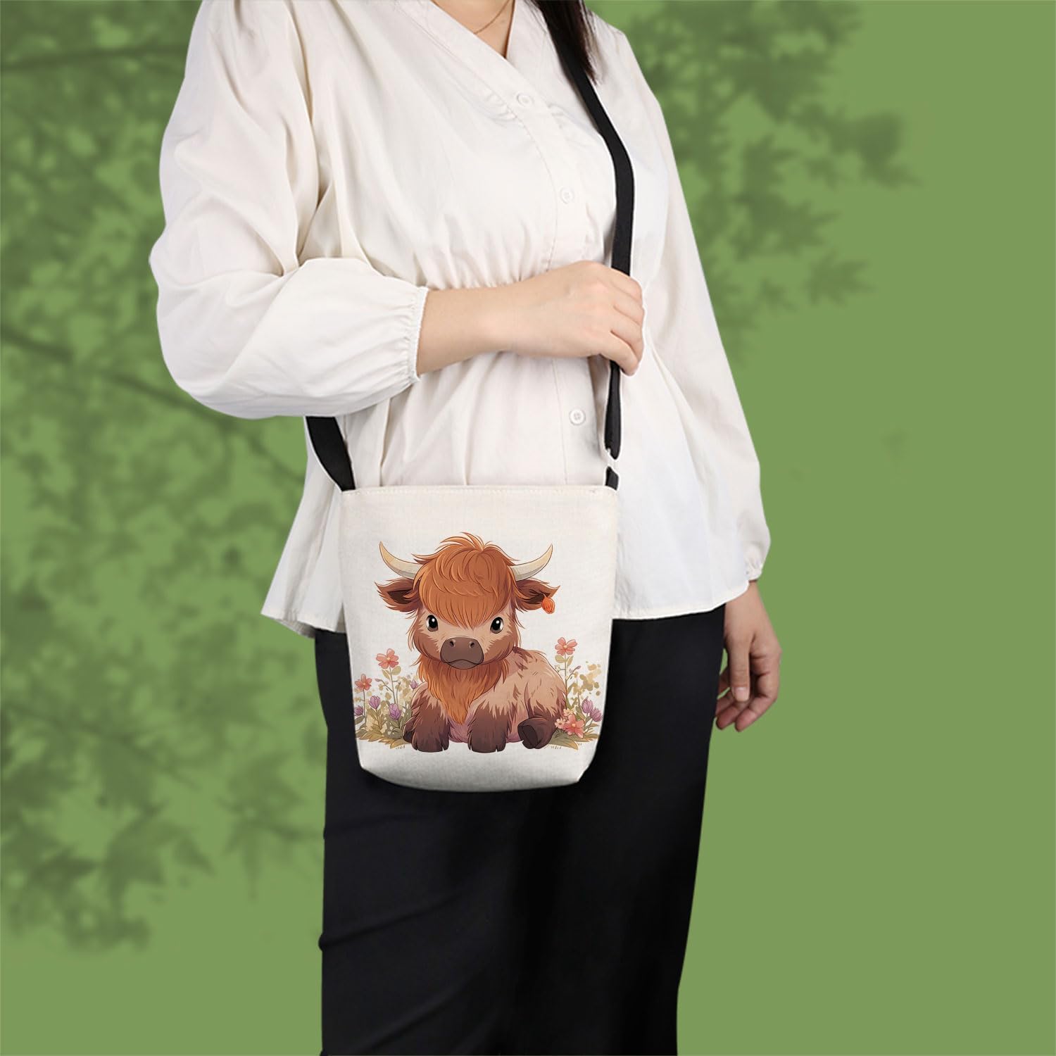 Cartoon Highland Cattle Print Canvas Crossbody Bag, Adjustable Strap Lightweight Purse with Top Zipper & Inner Pocket, Daily Shoulder Bag Gift for Women - Image 2