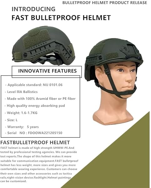 Casque tactique léger NIJ IIIA pour la chasse, casque en polyéthylène réglable de 55 à 62 cm, avec rails et compatibilité casque, 1,5 kg - 4