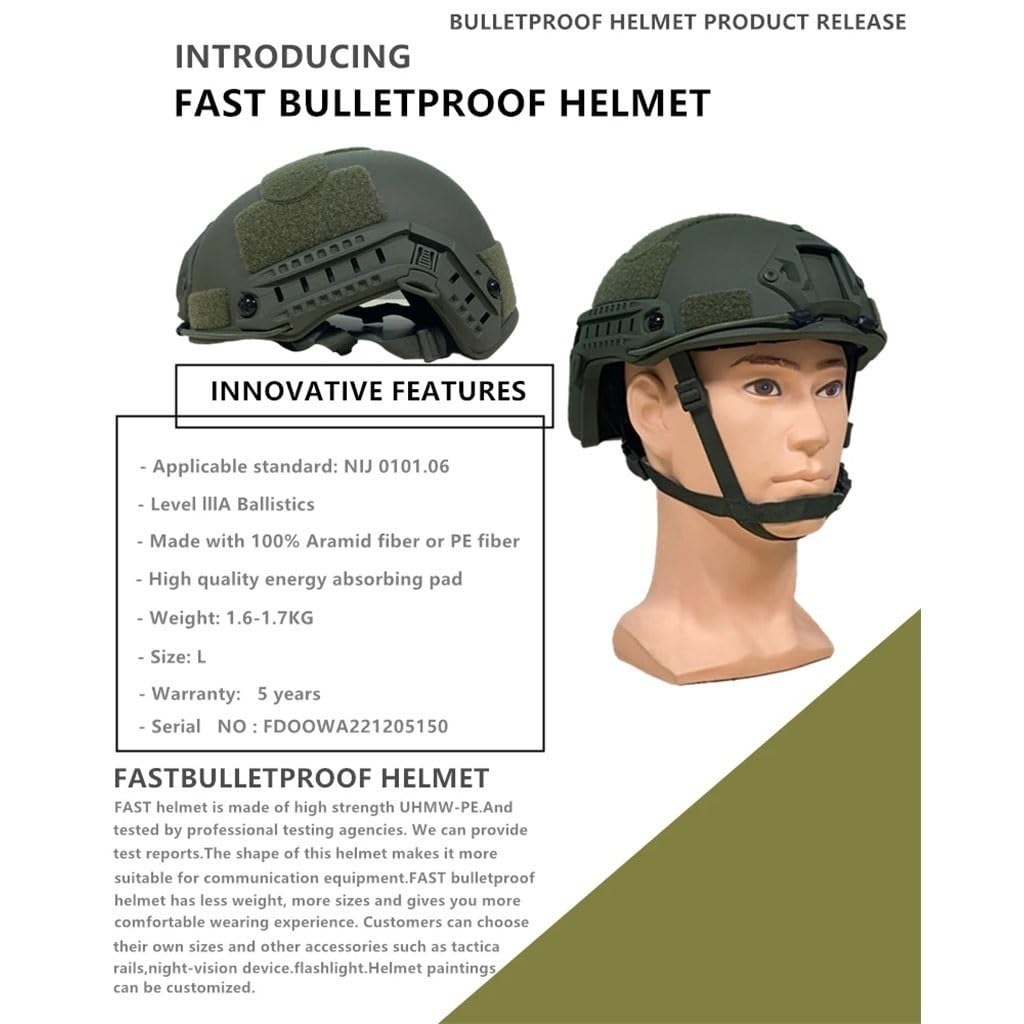 Casque tactique léger NIJ IIIA pour la chasse, casque en polyéthylène réglable de 55 à 62 cm, avec rails et compatibilité casque, 1,5 kg - 4