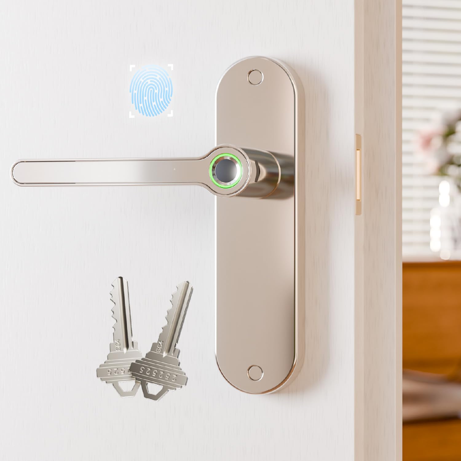 Blusafe Breeze - Pomo de puerta de entrada sin llave con huella dactilar, para el hogar, hotel, oficina, apartamento, dormitorio (placa larga Breeze (cromo satinado)