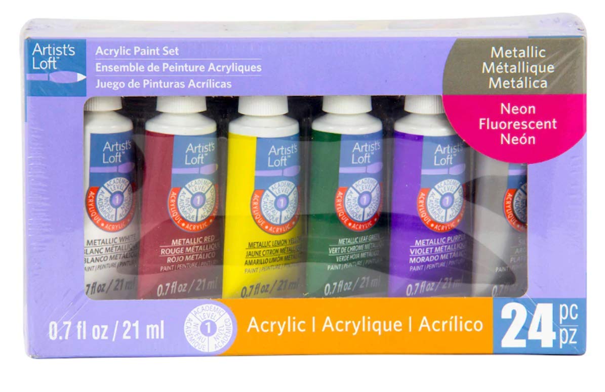 24 Assorted Metallic & Neon Acrylic Paint Tube Value Set by Paint Smart - Water-Based Paint For Drawing, Painting, Art & Crafts Supplies - 1 Pack