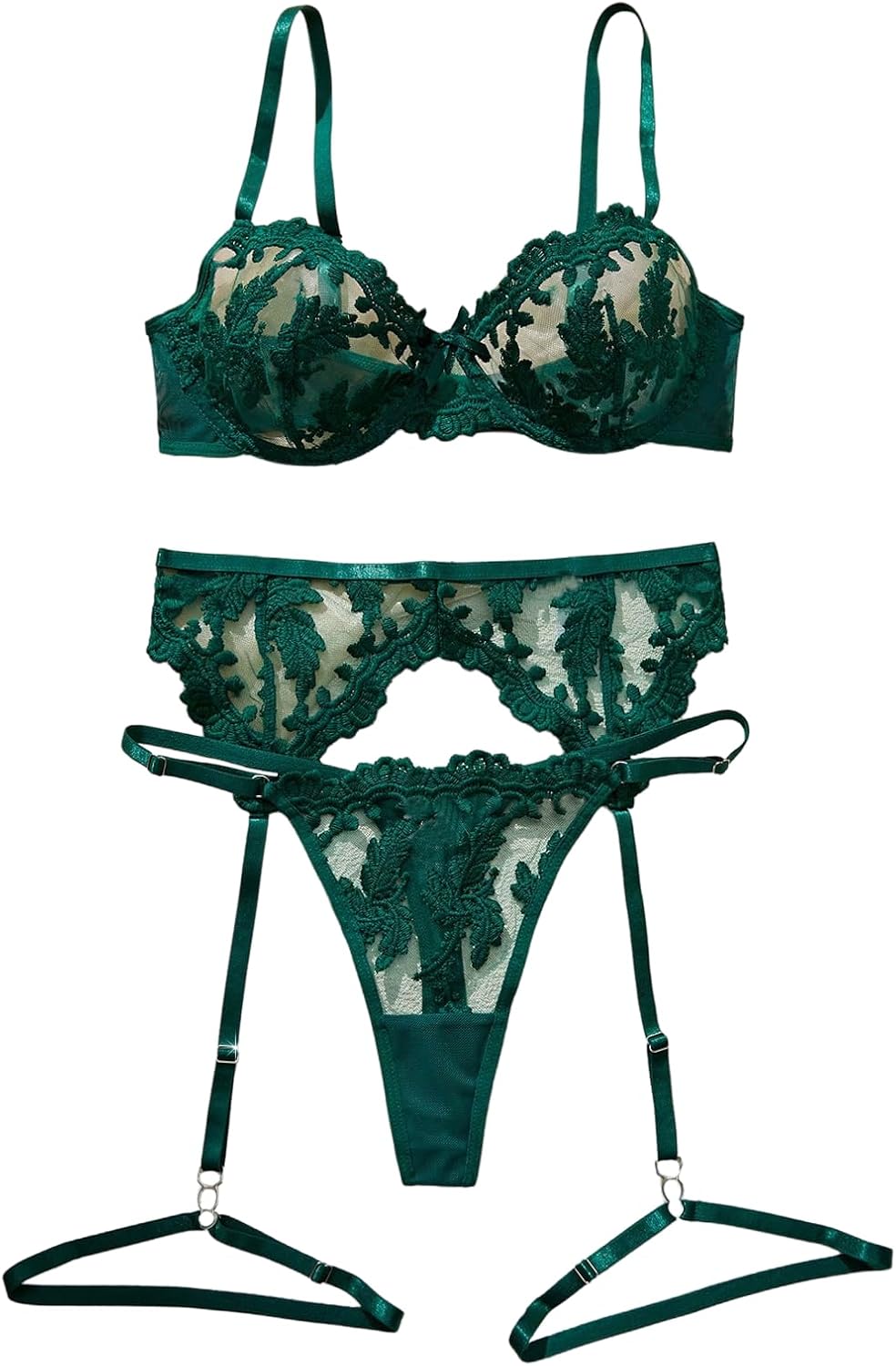 Verdusa Women's Sexy Lingerie 5 Piece Lace Sheer Lingerie Set Push Up Underwired Bra and Thong with Garter Belt