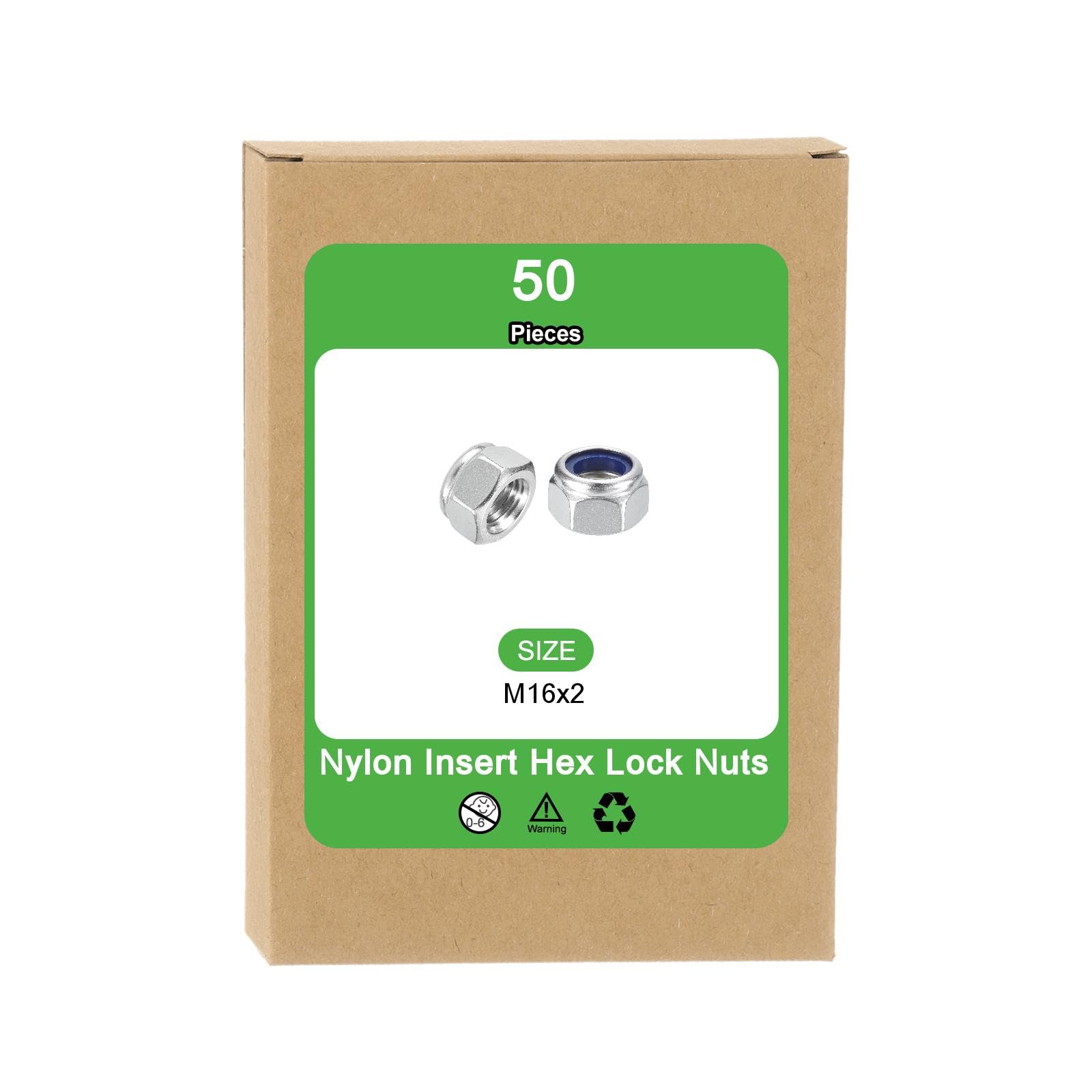QUARKZMAN 50 Piezas De Tuercas Hexagonales De Nylon M16x2, 304 Acero Inoxidable Tuercas Autoblocantes Con Insertos De Nylon Para Fijadores De Construcción Industrial, Plateado Y Azul