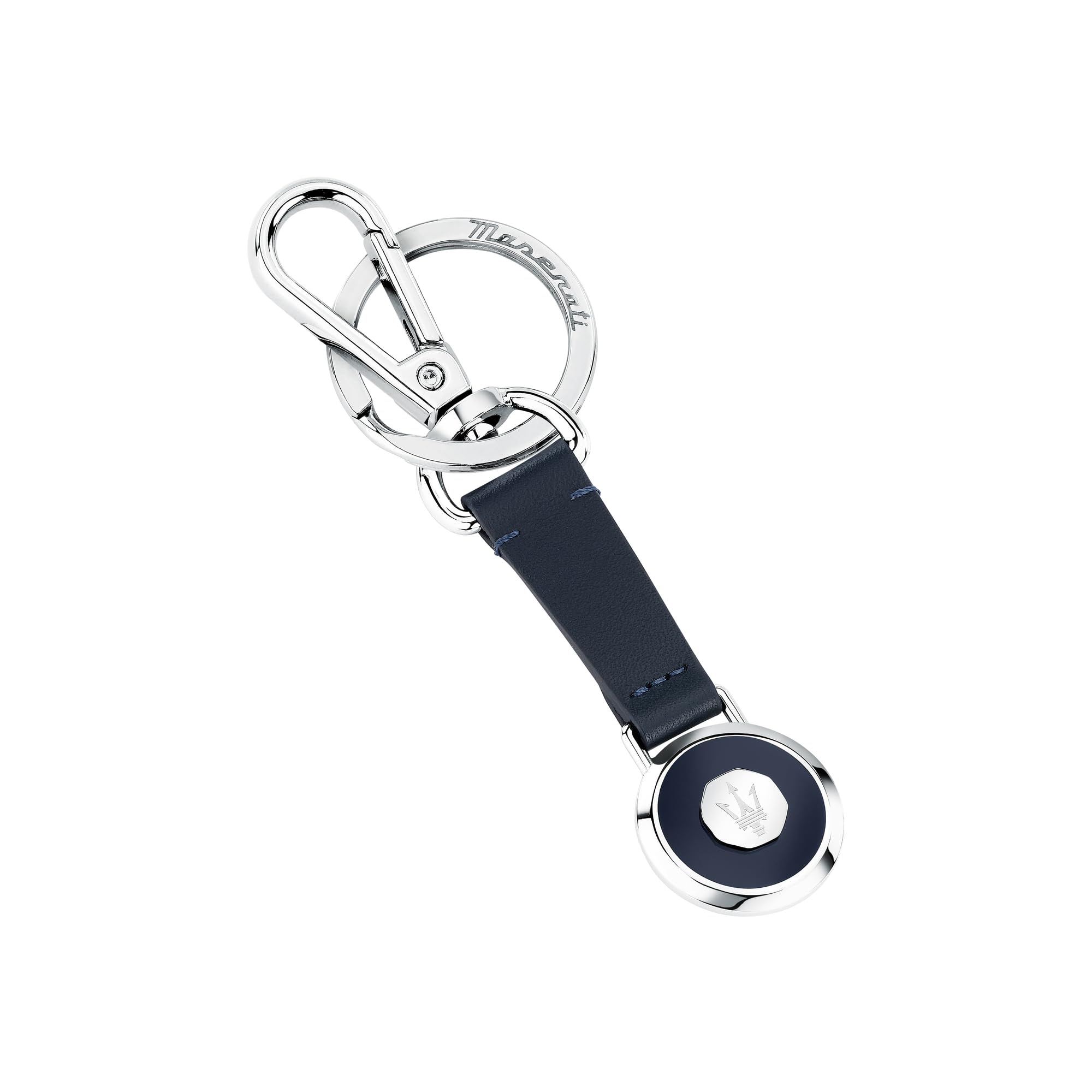 Maserati Portachiavi Uomo in Acciaio, Pelle Naturale Blu, Collezione KEYRINGS, Regalo Uomo - KMU5240102