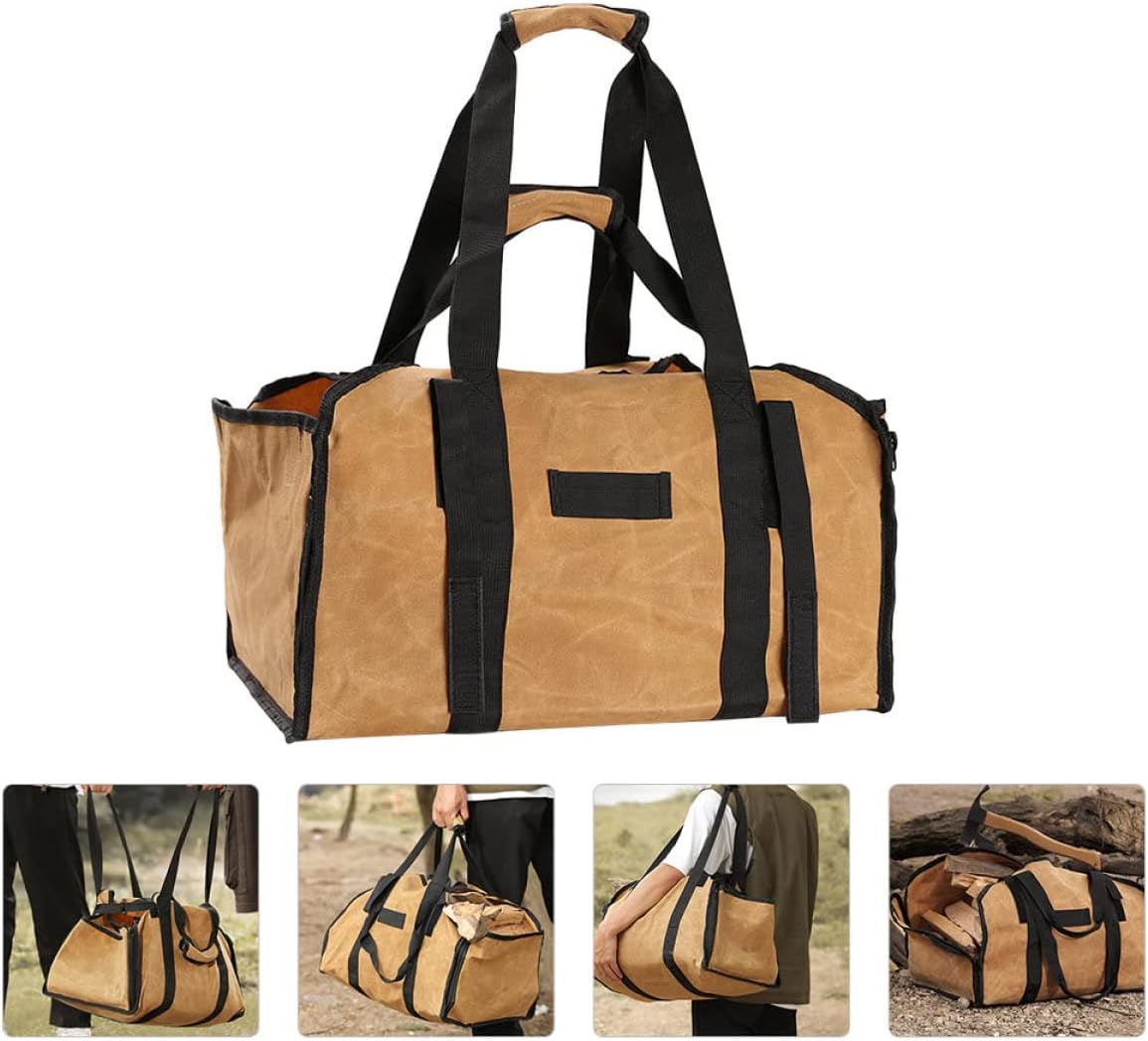 Cabilock Firewood Carrier Tote Bag Large Capacity Canvas Log Holder Double Straps Portable Firewood Storage for Outdoor Camping Khaki Color