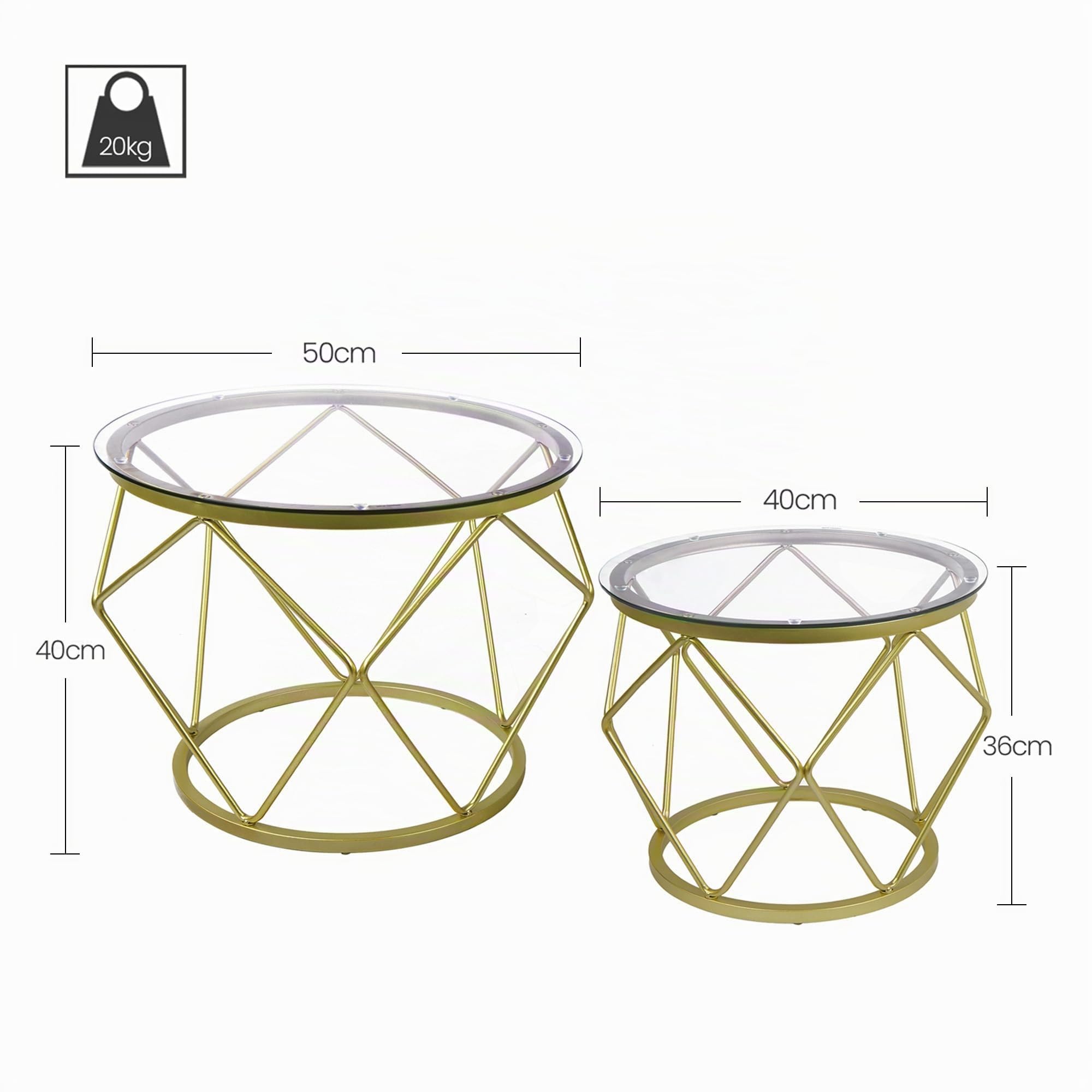 Hzuaneri Couchtisch rund, 2er Set Beistelltische, Beistelltisch-Set mit Metallrahmen, Kleiner Beistelltisch für Wohnzimmer, Schlafzimmer, Büro, Schlafzimmer, Gold 01801GCT