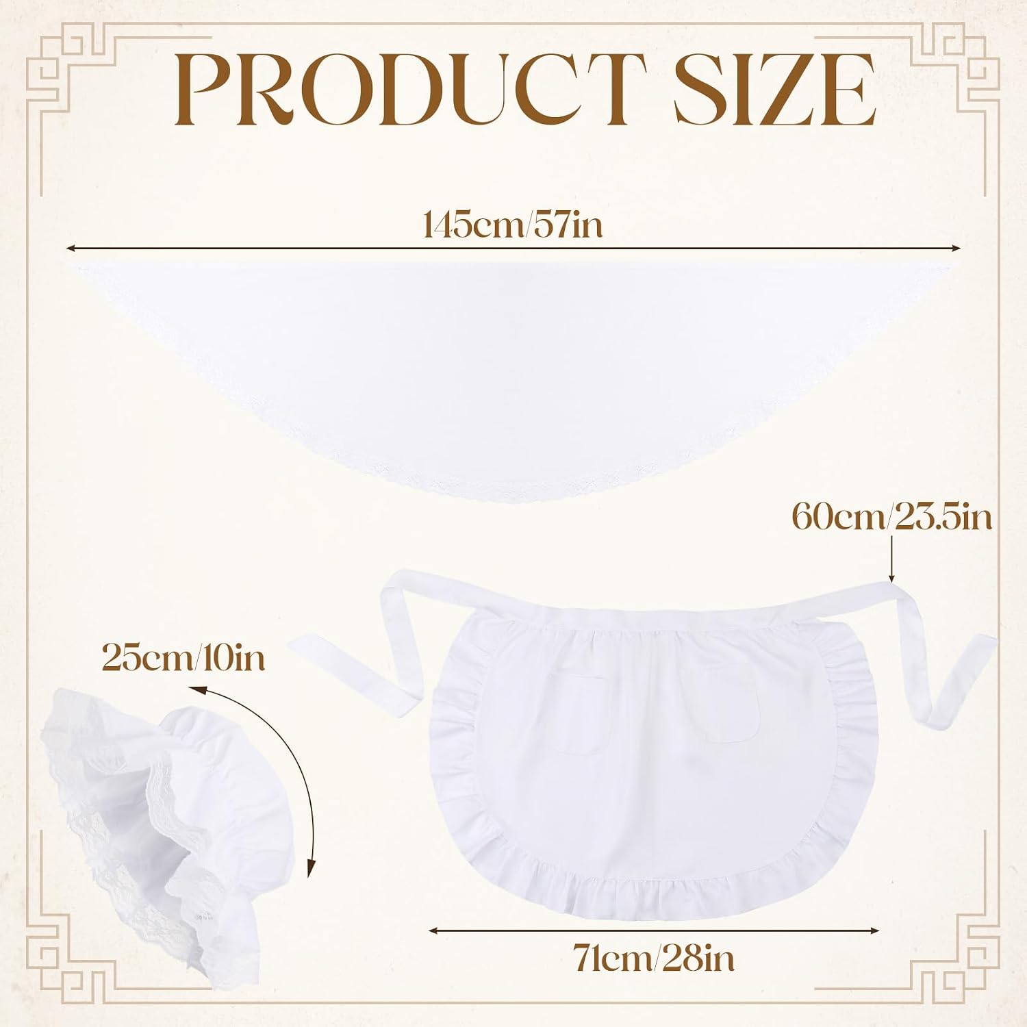 3Pcs Colonial Costume Set for Women Pilgrim Costume Accessories with Lace Colonial Bonnet Shawl Waist Apron for Halloween Cosplay White