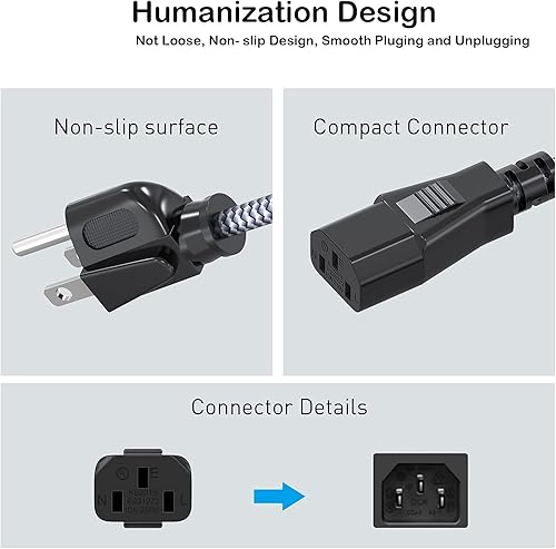 Vista 28 de Goalfish - Cable de alimentación de 10 A 18 AWG, cable de alimentación de 10 pies (9.8 ft) de nailon trenzado de 3 clavijas, cable de alimentación