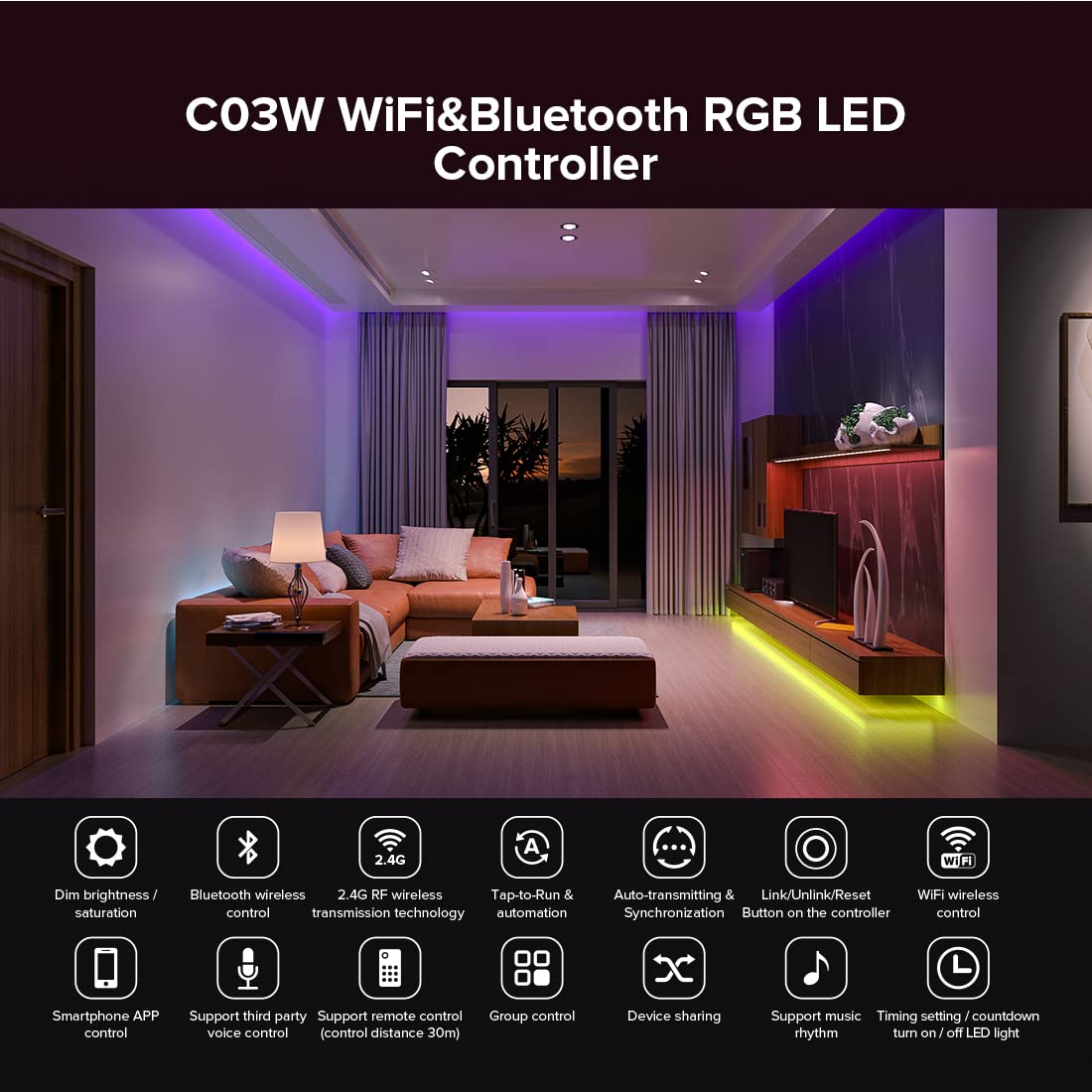 SEZO C03W RGB LED Controller Kit WiFi LED Controller DC12V-24V und RC09RF One-Zonen 2.4GHz Wireless Fernbedienung Gruppensteuerung Mehrere Farbmodi für 5050 FCOB RGB LED-Streifen(No IC)