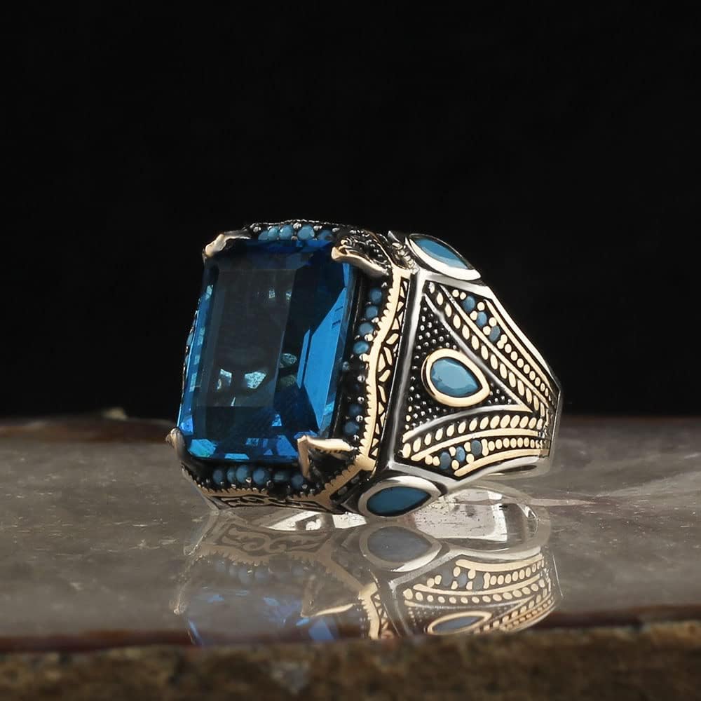 925 Sterling Silver Aquamarine Stone with Turquoise Stones Men Silver Ring, Handmade Blue Aquamarine Stone Men's Silver Ring, Vintage Men Ring, Turkish Ottoman Men Ring, Gift for him, Mens Ring