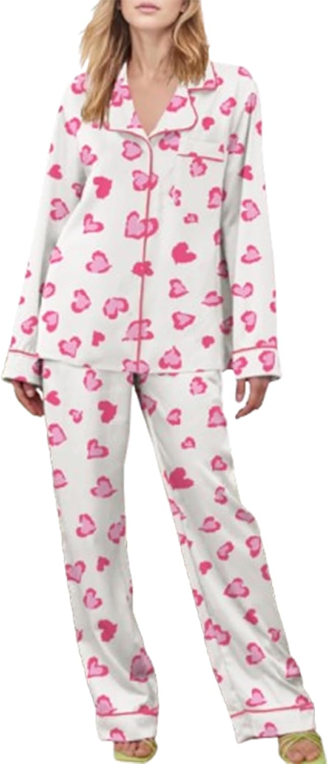 Women Heart Print Pajamas Set Satin Silky Pjs Long Sleeve Button-Down Sleepwear Soft Comfy Loungewear