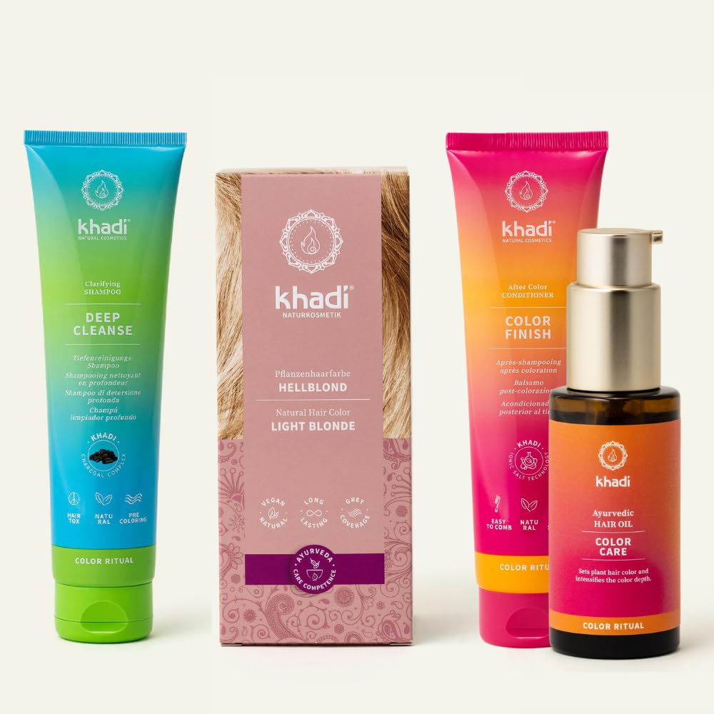 khadi Pflanzenhaarfarben ColorCycle Bundle – HELLBLOND Pflanzenhaarfarbe + Deep Cleanse Shampoo + Color Finish Conditioner + Color Care Haaröl