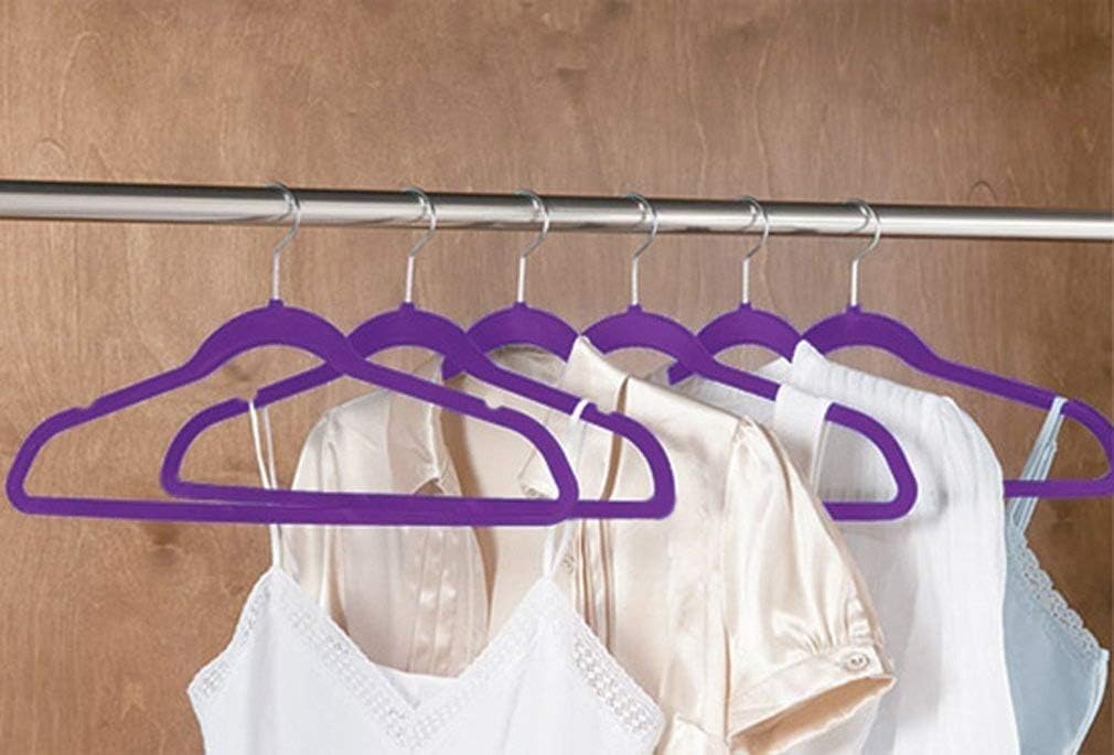 Modern Heritage Collection Clothes Hanger, Non-Slip Coat Hangers, Velvet Hanger, Flocked Hangers in Black, Purple, Pink, Grey & Beige (Pack of 10, Purple)