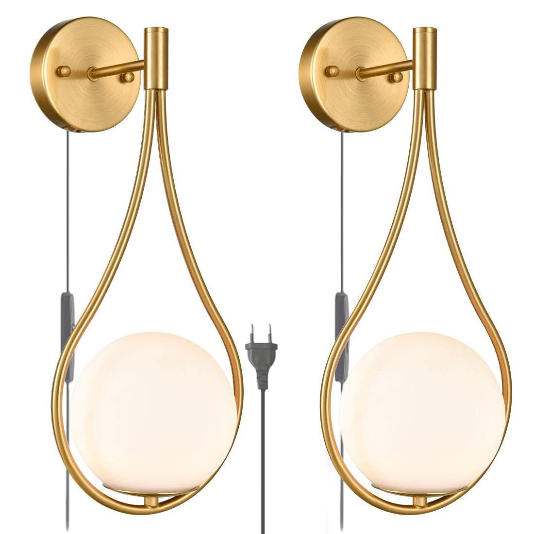 BHIAG Modern Wall Sconce with Switch Cord Industrial Wall Lamp Indoor White Glass Globe Wall Light Fixtures Teardrop Wall Lights Fitting Bedroom Living Room Bathroom Aluminium (Gold,2pcs)