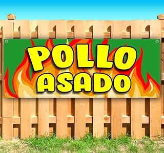 Pollo Asado Flames Banner 13 oz | Non-Fabric | Heavy-Duty Vinyl Single-Sided With Metal Grommets | Open, Spanish, Retail, Shop, Chicken
