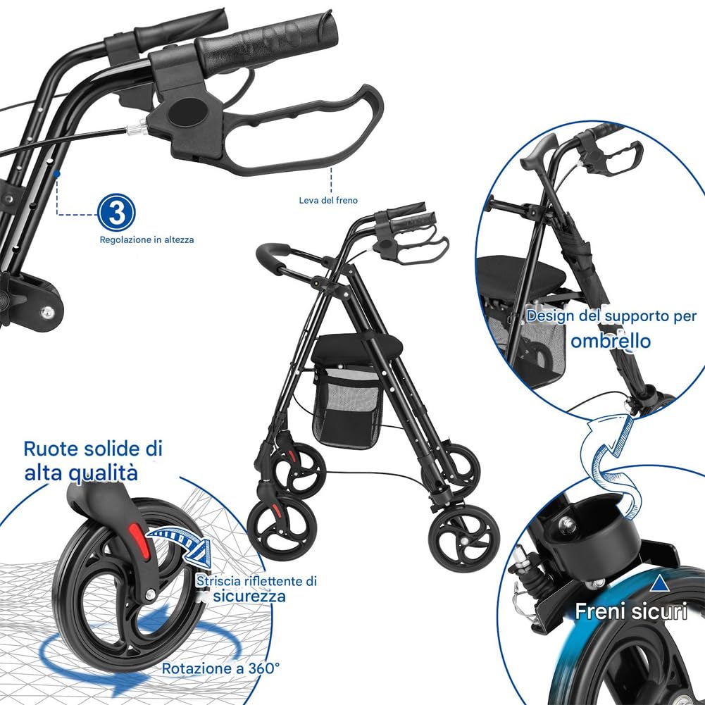 BAKAJI Andador plegable y ahorra espacio con asiento y bolsa de red portaobjetos, Walker Rollator con soporte para paraguas, ideal para personas mayores, discapacitados y personas con movilidad