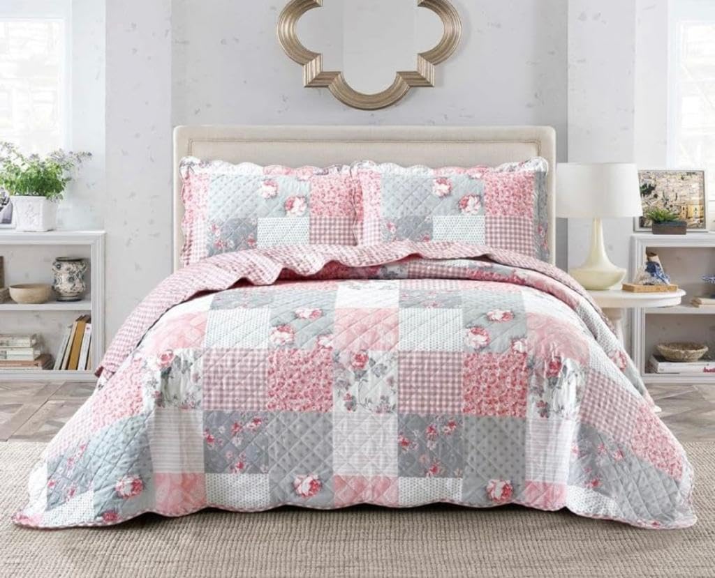 3 PCS Patchwork Bedspread Quilted Bed Throw Single Double King Size Bedding Set (Floral Grey, Single)