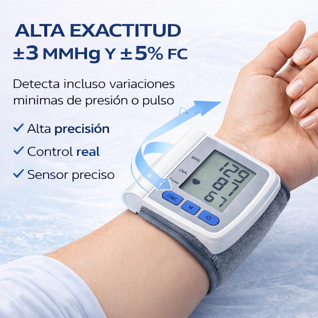 Tensiómetro de Muñeca Digital Automático - Medidor de Presión Arterial - Monitor de Ritmo Cardíaco - Medición Rápida y Precisa con Memoria de Datos - Compacto y Portátil - (No incluye pilas)