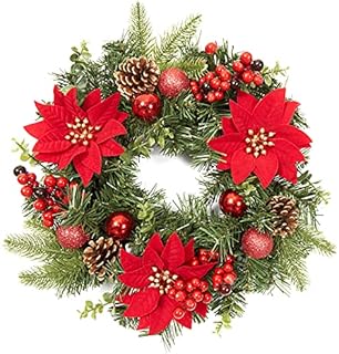Adeeing 16 Inch Artificial Christmas Wreath, 40cm Red Front Door Garland with Christmas Baubles, Xmas Flowers, Berries and Pine Cones for Door Wall Window Fireplace Decoration