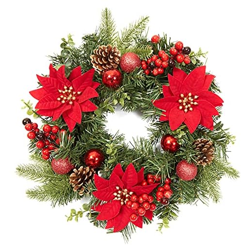 Adeeing Julkrans 40 cm, ytterdörrsgirlang med julbollar julblommor järnek bär och kottar för väggfönster öppen spis inomhus utomhus jul hängande dekorationer. (röd)