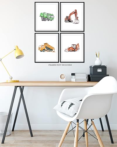 Miniatura 7 de Arte de pared de vehículos de construcción para dormitorio de niño, juego de 4 decoración moderna de habitación de bebé para niños, arte de pared