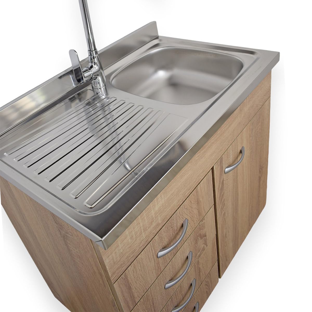Yellowshop - Mobile cucina sottolavello a 1 anta e cassettiera cm 80 effetto legno rovere well componibile con lavello inox e scolapiatti Basic (Sottolavello completo cass. Sx)