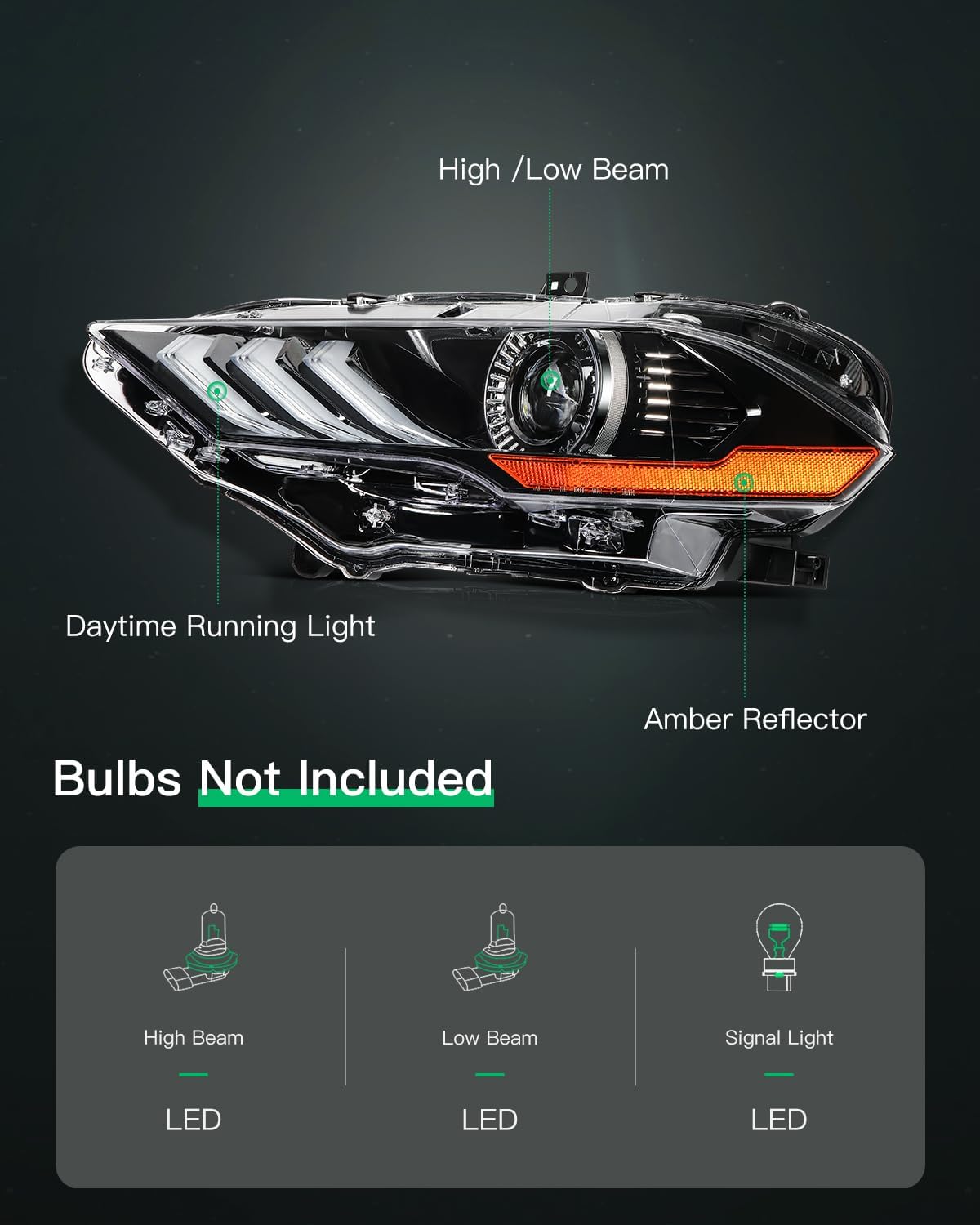 LSAILON LED DRL Headlight Assembly Fit For Ford For Mustang 2018-2023 Black Housing Clear Lens Amber Reflector Driver and Passenger Side FO2502369 JR3Z13008B