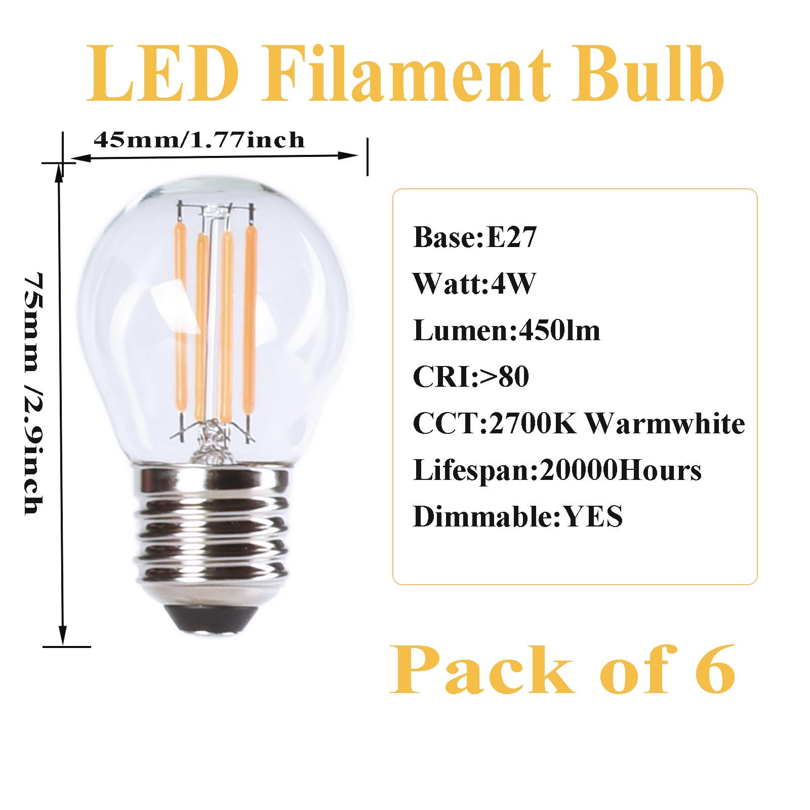 Etrogo Lampadine LED E27 Dimmerabile 4W Equivalenti a 40W Golf P45/G45 Luce Bianca Calda 2700K, 450 Lumen-Confezione da 6