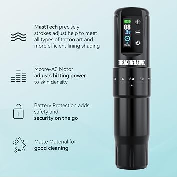 Dragonhawk Wireless Beginner Tattoo Kit Atom2 Pro Cordless Rotary Tattoo Gun Machine Pen Complete Tattoo Kit 7 Strokes 2.4-4.2mm