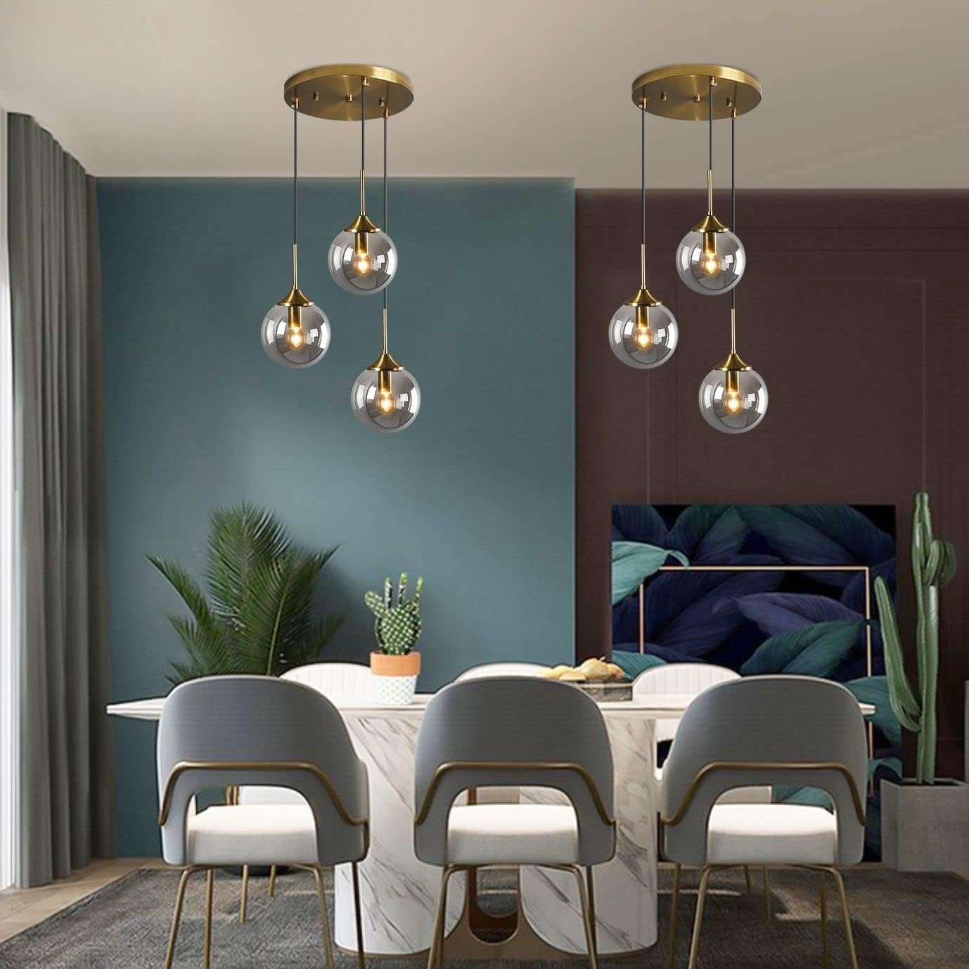 Żyrandol w stylu vintage, lampa wisząca, 3 światła, globus, szklany klosz, regulowane nowoczesne oświetlenie na wyspę kuchenną, klatkę schodową, do jadalni, przedpokoju, salonu, sypialni, złote