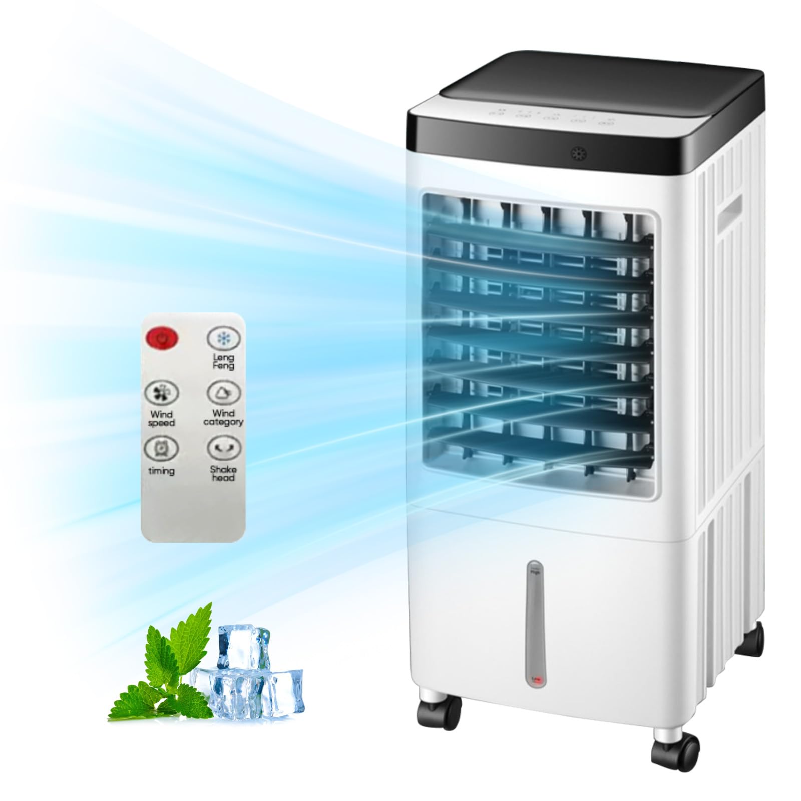 Climatiseur mobile 4 en 1 sans tuyau d'évacuation, humidificateur et purificateur d'air, refroidisseur d'air mobile avec réservoir d'eau de 10 l, télécommande, minuterie, oscillation à 120°, débit